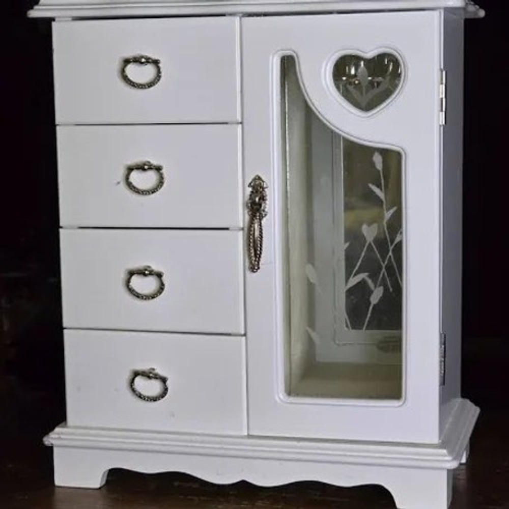 Vintage Jewelry Armoire Organizer White Excellent Etched Glass Heart Carousel